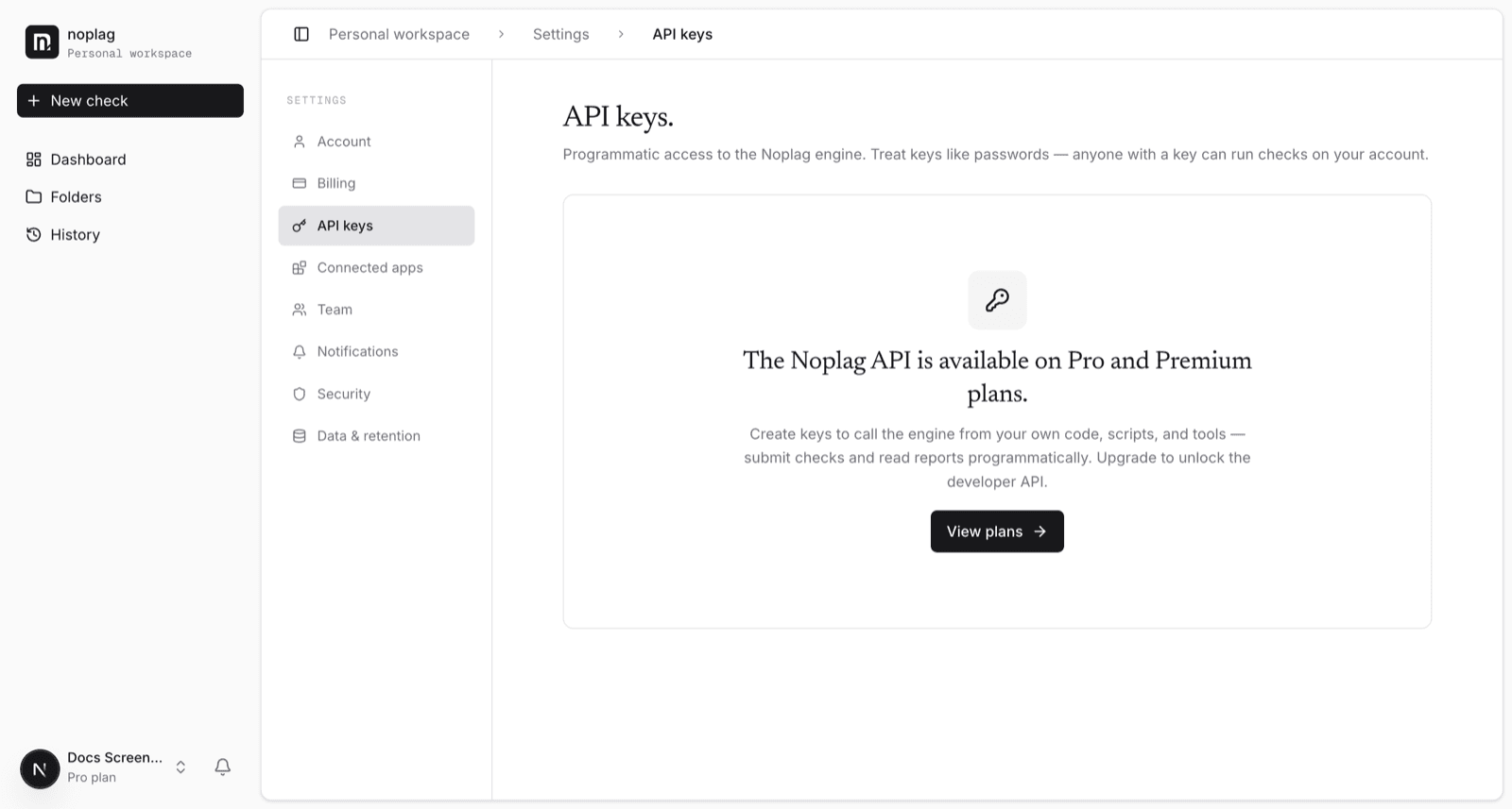 The API keys settings page