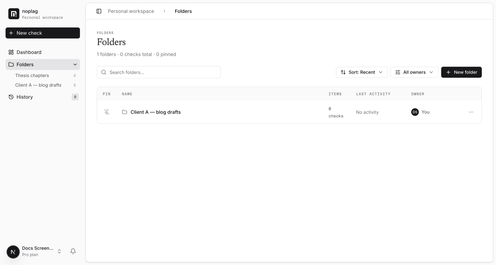 The Folders page with folders pinned in the sidebar and listed with item counts and owners
