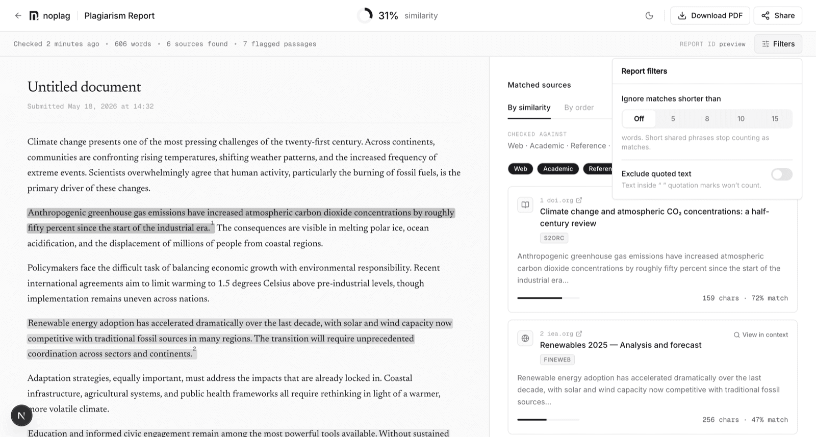 The report Filters popover: "Ignore matches shorter than" with Off/5/8/10/15, and the "Exclude quoted text" toggle