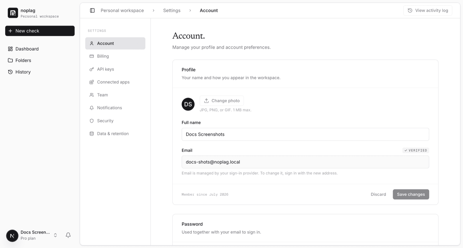 The Account settings page: profile, email, password, and the danger zone