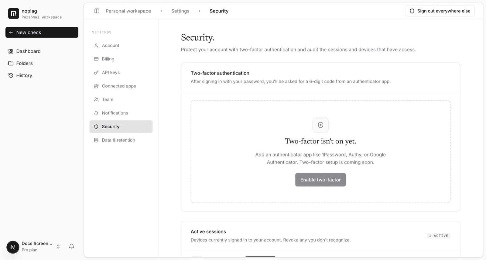 Security settings: the active sessions list with per-device sign-out