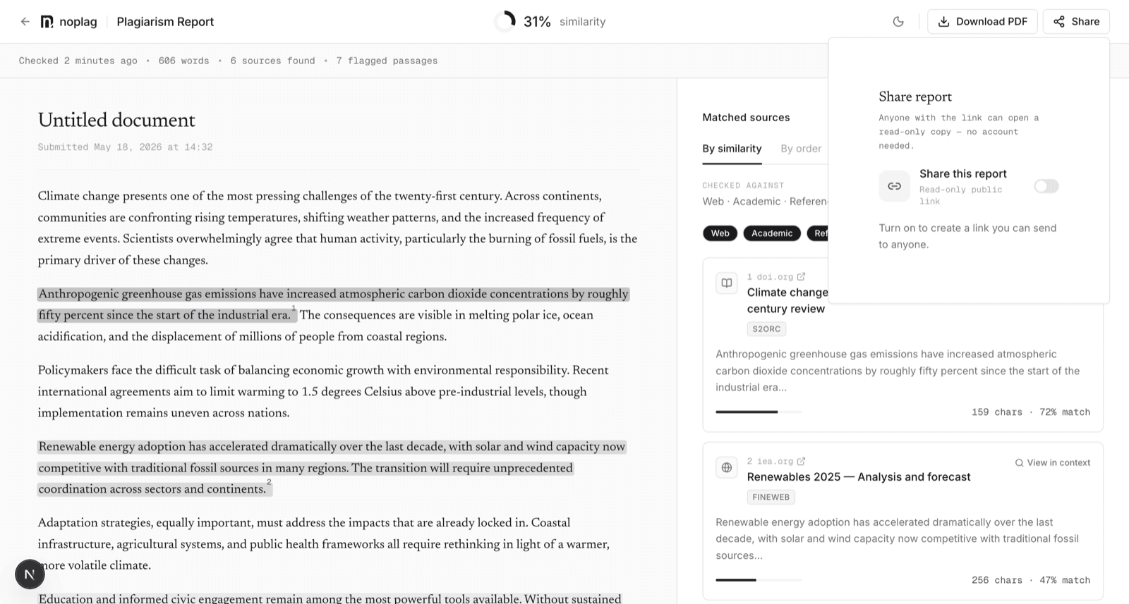 The Share popover on a report, with the read-only public link toggle